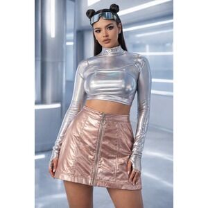 Forever21 Mini A-Line Skirt Faux Leather Metallic Rose Gold Women S Front Zip